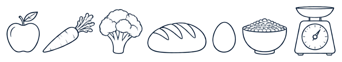 Line illustration of an apple, carrot, broccoli, bread, egg, grains and a kitchen scale